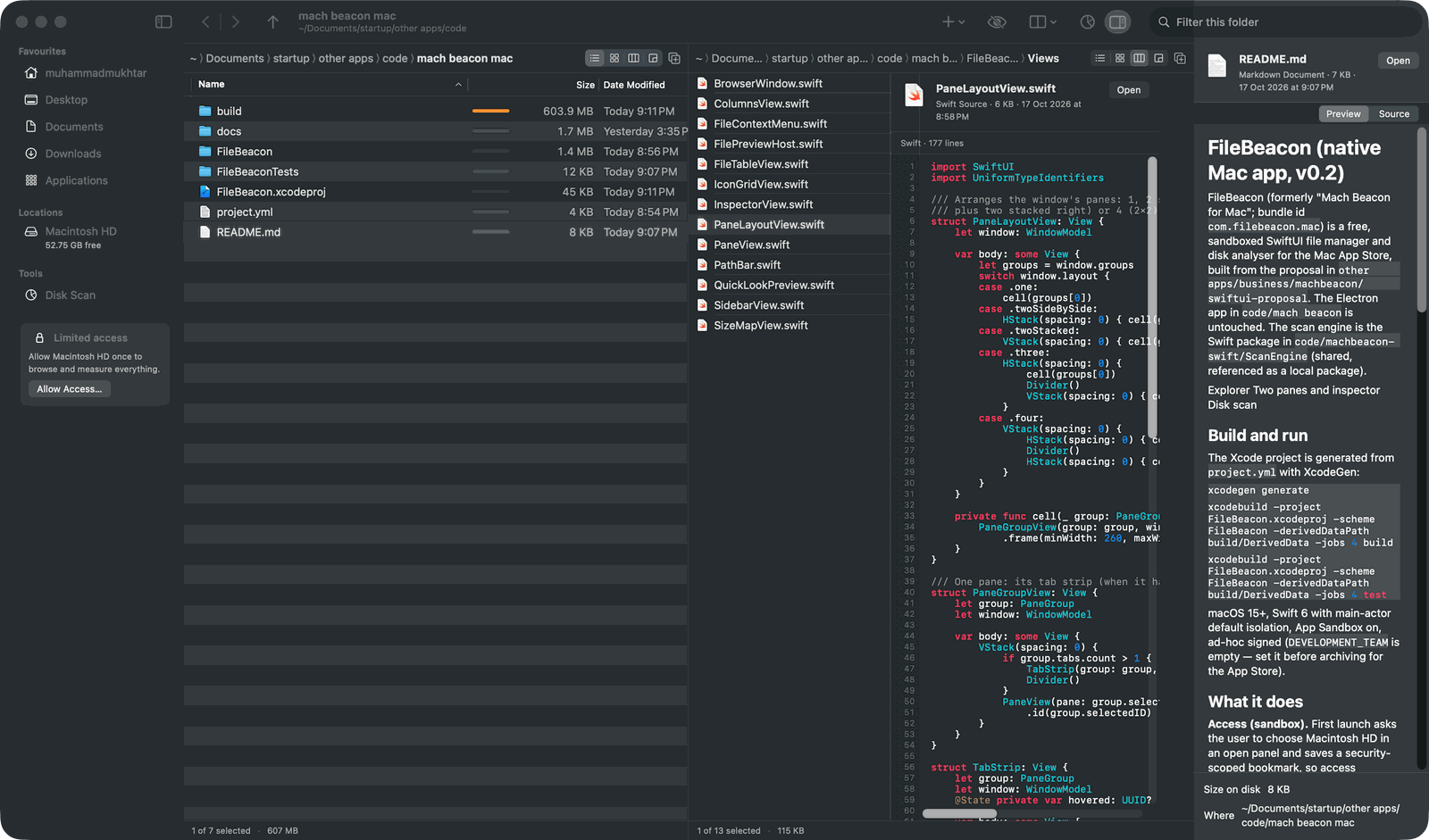 FileBeacon showing a Swift file with syntax highlighting in the columns view and a rendered Markdown README in the inspector